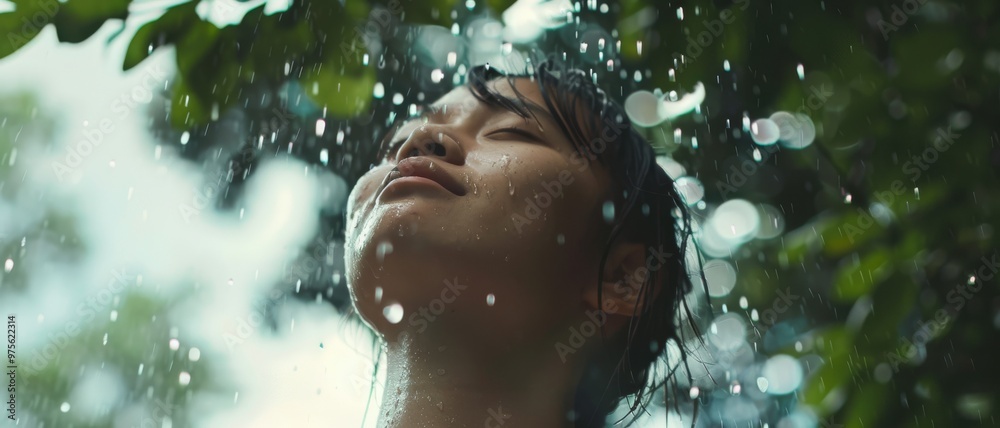 A person stands under a refreshing rainfall, eyes closed in serene contentment, embraced by the natural purity and tranquility of a rain shower. A person stands under a refreshing rainfall, eyes closed in serene contentment, embraced by the natural purity and tranquility of a rain shower.