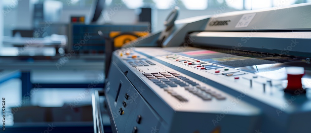 A high-tech printing machine with a sleek design in an industrial setting signifies precision, productivity, and advanced technology in manufacturing. A high-tech printing machine with a sleek design in an industrial setting signifies precision, productivity, and advanced technology in manufacturing.
