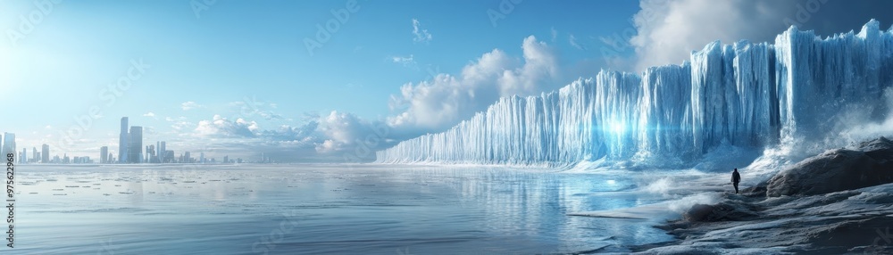 Dramatic Impact of Global Warming: Melting Ice Caps and Rising Sea Levels Near Urban Skyline Dramatic Impact of Global Warming: Melting Ice Caps and Rising Sea Levels Near Urban Skyline