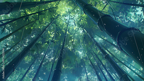 The view from the bamboo grove looking up at the sky. Styled like an anime or game background. Blue sky, sunset, sunrise, night, fog, snow, rain, cloudiness, autumn leaves, etc. photo