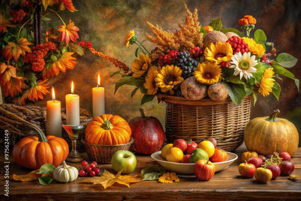 A warm and inviting still life featuring a nostalgic oil painting of a bountiful harvest table setup, surrounded by autumnal fruits, flowers, and vintage decor. A warm and inviting still life featuring a nostalgic oil painting of a bountiful harvest table setup, surrounded by autumnal fruits, flowers, and vintage decor.