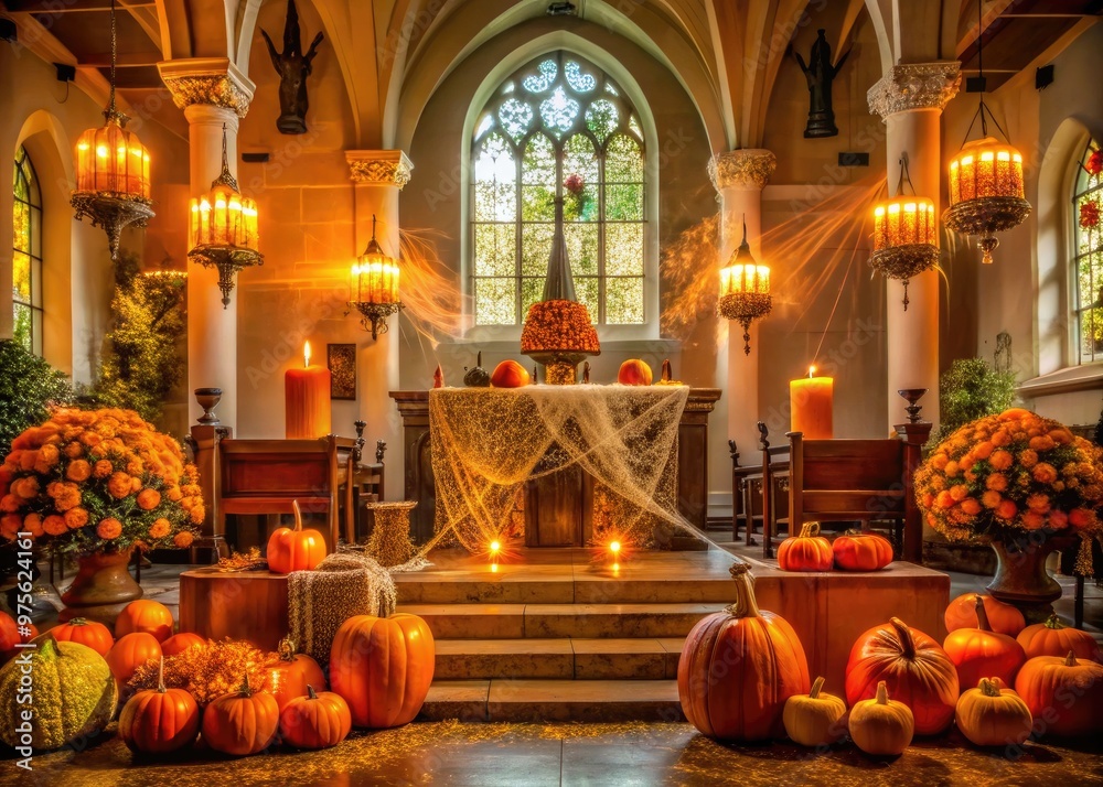 Obraz premium A warm-lit, Autumn-decorated church sanctuary transformed for All Hallows' Eve, featuring cobwebs, pumpkins, and a harvest-themed podium, embracing the season's spooky yet sacred spirit.