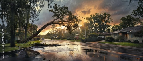 Dramatic post-storm sunset over a suburban street with debris and a broken tree, capturing the raw beauty and chaos of nature. photo