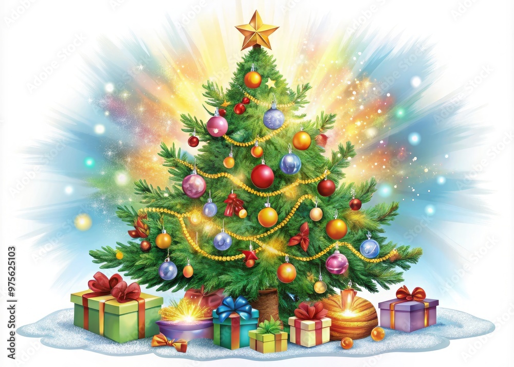 A whimsical illustration of a festive Christmas tree adorned with colorful ornaments, garlands, and gifts surrounded by a halo of light in a white background. A whimsical illustration of a festive Christmas tree adorned with colorful ornaments, garlands, and gifts surrounded by a halo of light in a white background.