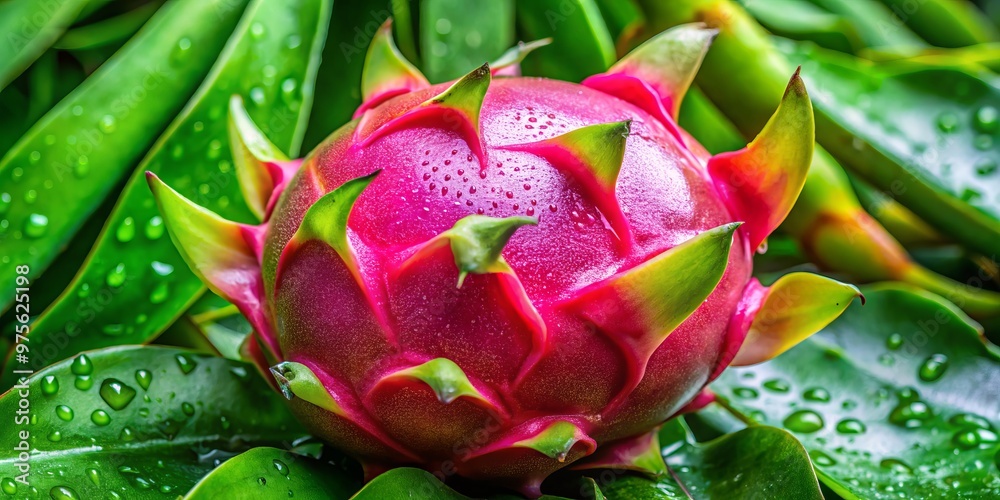 A perfectly ripened Dragon Fruit with intricate scales, delicate green skin, and vibrant pink flesh, surrounded by lush green leaves and a drizzle of morning dew. A perfectly ripened Dragon Fruit with intricate scales, delicate green skin, and vibrant pink flesh, surrounded by lush green leaves and a drizzle of morning dew.