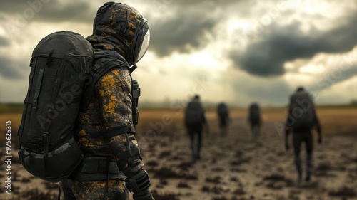 Climate Change Impact: People in Protective Gear Walking Through Desolate Landscape Under Ominous Skies