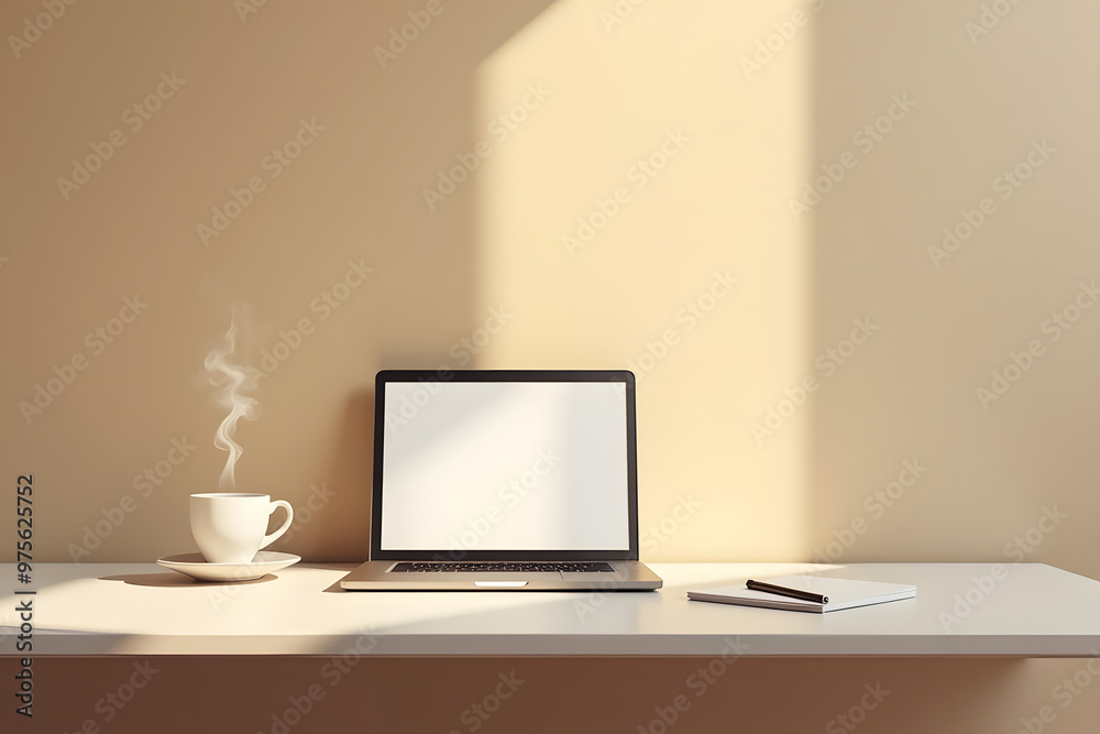A modern, minimalist office workspace with a laptop on a desk, a coffee cup nearby, and a sleek monitor, showcasing the intersection of technology and business A modern, minimalist office workspace with a laptop on a desk, a coffee cup nearby, and a sleek monitor, showcasing the intersection of technology and business