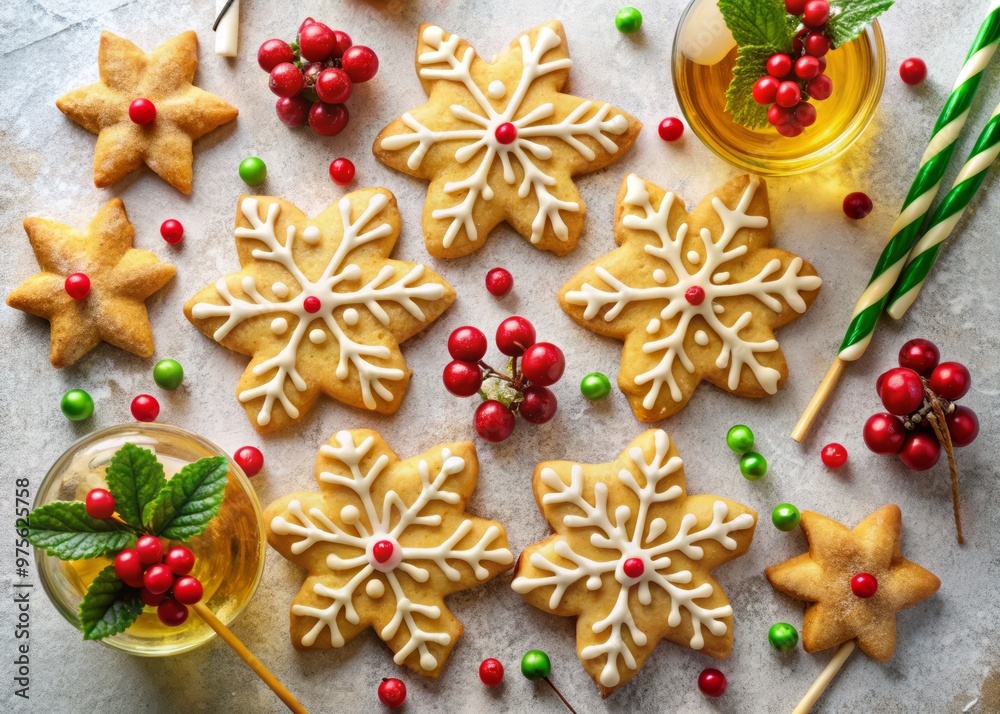 Golden sugar cookies shaped like snowflakes and bells, paired with tiny candy canes, festive red and green fruit kabobs, and tiny bottles of sparkling cider. Golden sugar cookies shaped like snowflakes and bells, paired with tiny candy canes, festive red and green fruit kabobs, and tiny bottles of sparkling cider.