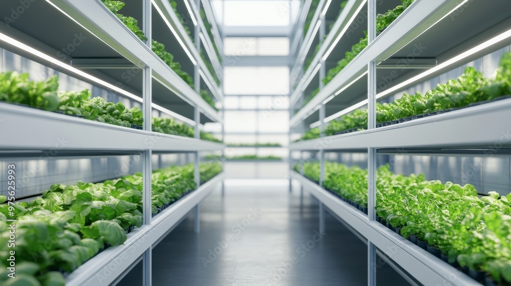 A modern indoor farm with vertical shelving filled with vibrant green plants, showcasing an efficient agricultural setup. A modern indoor farm with vertical shelving filled with vibrant green plants, showcasing an efficient agricultural setup.
