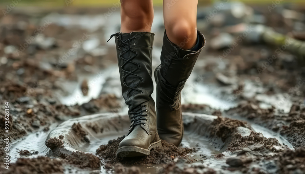 A woman wearing black boots is walking through a muddy field A woman wearing black boots is walking through a muddy field