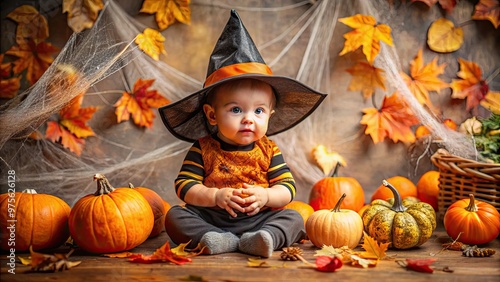 Adorable baby dressed in a mini witch hat and onesie, sitting amidst a scattering of fake spider webs, pumpkins, and autumnal leaves. photo