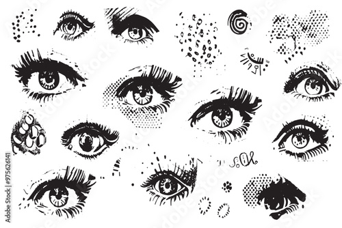 Halftone eyes and doodles art collage with trendy dotted cut-out stickers and grunge style.