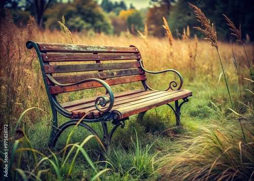 A forgotten park bench, shrouded in overgrown grass, whispers tales of a bygone era, its rusty frame swathed in a nostalgic hue, yearning for distant memories. photo