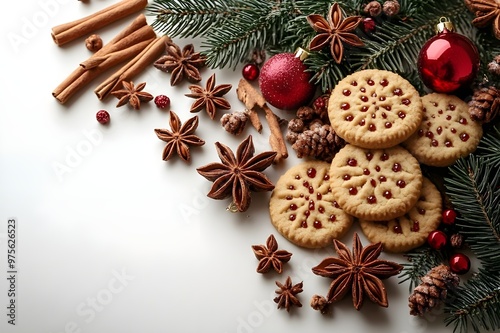 Christmas decor with fir branches, Christmas balls, cinnamon sticks, and round-shaped biscuits