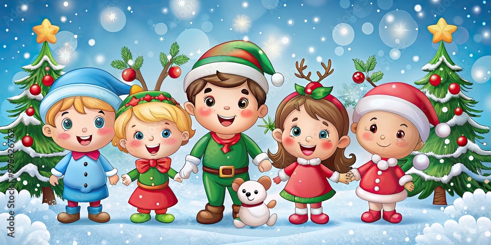 Adorable cartoon characters in festive holiday attire pose together, surrounded by snowflakes, holly, and ornaments, exuding joy and warmth in a winter wonderland setting. Adorable cartoon characters in festive holiday attire pose together, surrounded by snowflakes, holly, and ornaments, exuding joy and warmth in a winter wonderland setting.