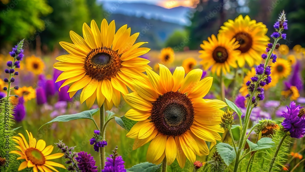 Vibrant sunflowers with bright yellow petals and dark centers, mixed with feathery ferns and delicate purple cosmos, blooming in a lush summer meadow. Vibrant sunflowers with bright yellow petals and dark centers, mixed with feathery ferns and delicate purple cosmos, blooming in a lush summer meadow.