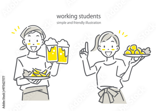 居酒屋で楽しくアルバイトをする若者　シンプルでお洒落な線画イラスト