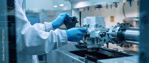 Hands clad in blue gloves work meticulously on advanced lab machinery, representing precision in a high-tech laboratory environment.