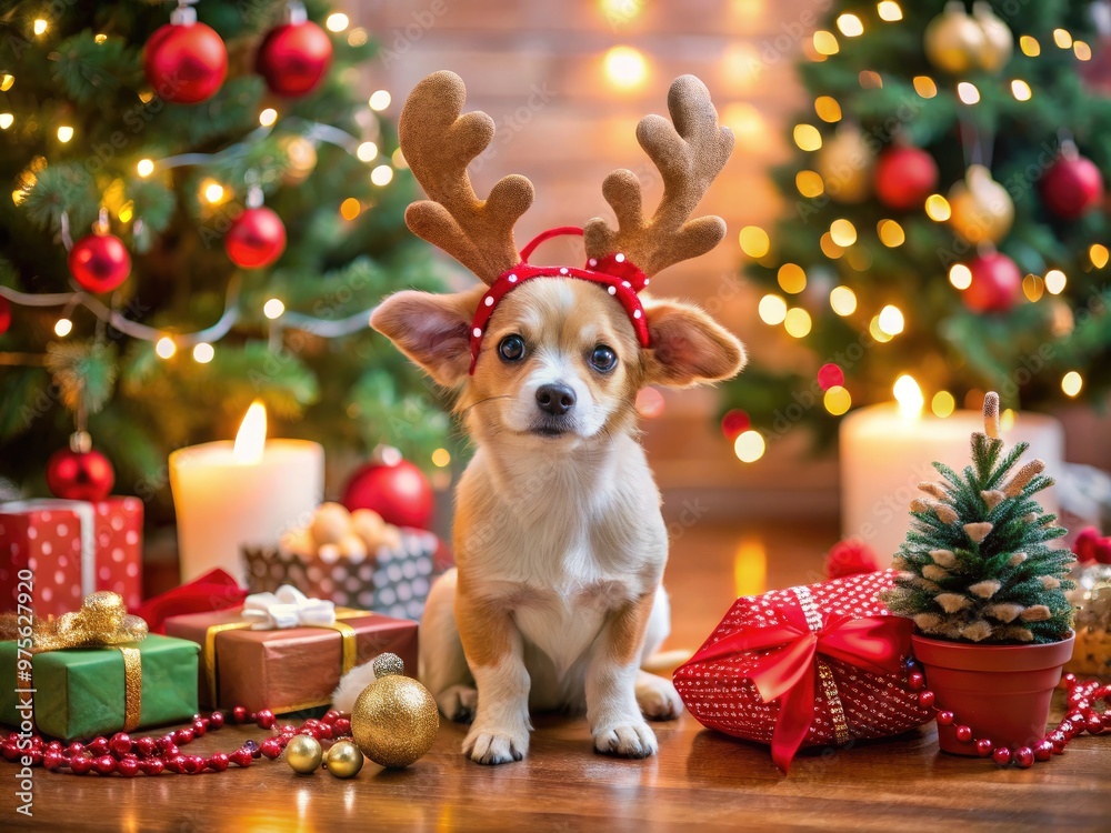 Adorable festive chaos ensues as a curious pup stole the show, wearing reindeer antlers and holding a Adorable festive chaos ensues as a curious pup stole the show, wearing reindeer antlers and holding a