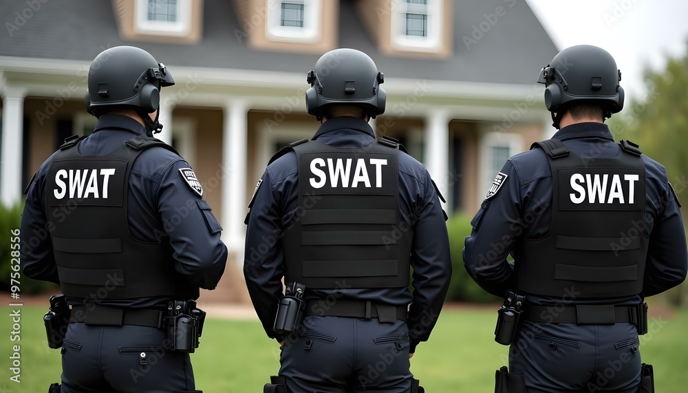 Swat team officers standing in front of a house Swat team officers standing in front of a house
