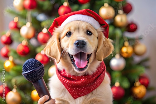 Adorable golden retriever puppy wearing Santa hat and scarf, microphone in mouth, enthusiastically belts out festive holiday tunes in front of decorated Christmas tree.