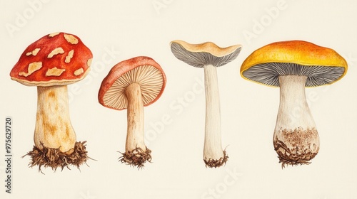 Detailed botanical drawing showcasing different mushrooms