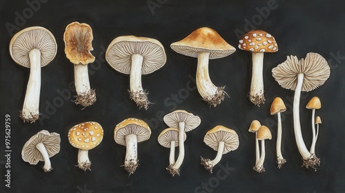 Detailed botanical drawing showcasing different mushrooms photo