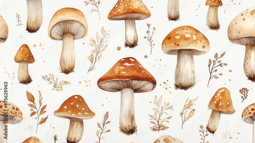 Detailed botanical drawing pattern showcasing different mushrooms Detailed botanical drawing pattern showcasing different mushrooms