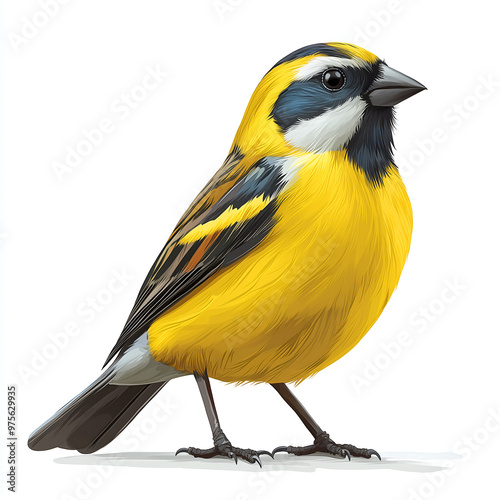 isolated on white background detailed illustration of a vibrant yellow and black siskin standing upright