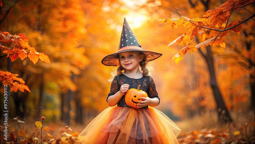 Adorable little girl wearing a bright orange tulle tutu dress with a sparkly witch hat and holding a small jack-o'-lantern on a autumnal background. Adorable little girl wearing a bright orange tulle tutu dress with a sparkly witch hat and holding a small jack-o'-lantern on a autumnal background.