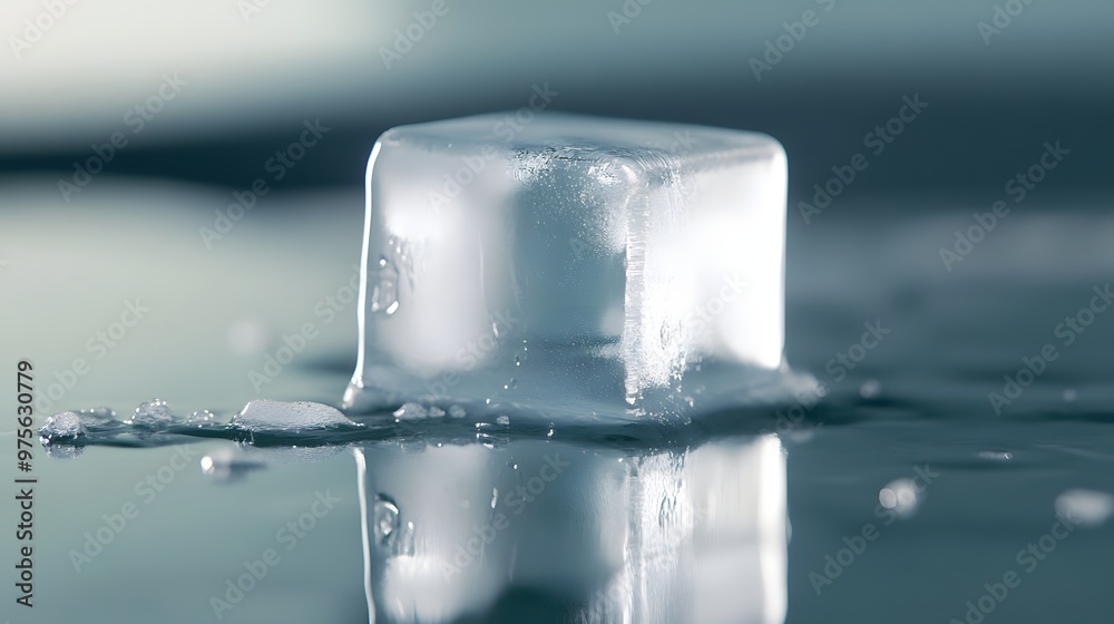 82. A pristine white ice cube melting on a glass surface 82. A pristine white ice cube melting on a glass surface