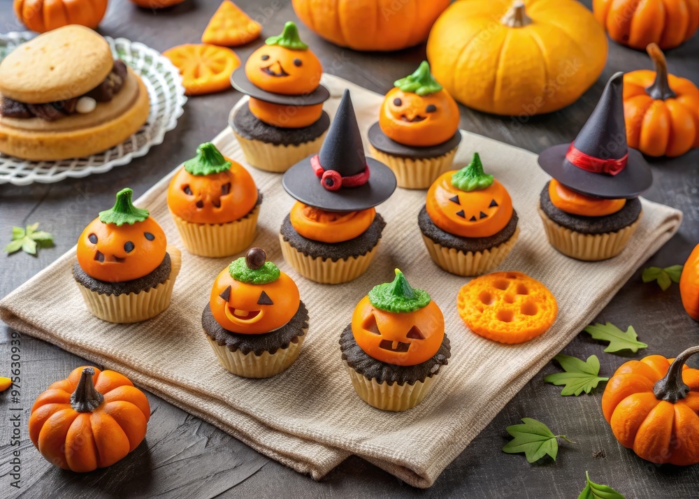 Φωτογραφία Adorable miniature Halloween treats, including pumpkin-shaped sandwiches, orange cupcakes, and witches' hat cookies, arranged on a brightly colored tablecloth for little hands