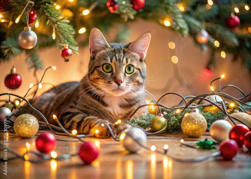 Adorable mischievous cat lying amidst scattered ornaments, tangled lights, and toppled Christmas tree, surrounded by festive decorations, with a hint of guilty innocence on its face. Adorable mischievous cat lying amidst scattered ornaments, tangled lights, and toppled Christmas tree, surrounded by festive decorations, with a hint of guilty innocence on its face.