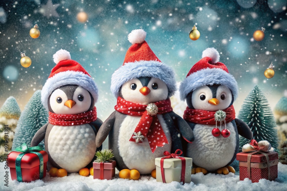 custom made wallpaper toronto digitalAdorable penguins dressed in festive Santa hats and scarves, surrounded by snowflakes, ornaments, and gifts, embodying the magic of a winter holiday wonderland.
