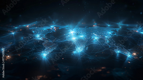 Illuminated Global Network: Glowing World Map with Interconnected Lines and Nodes on Dark Background for Business Communication