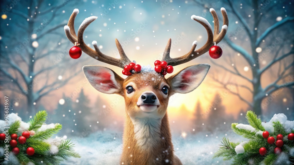 Adorable reindeer with shiny red nose and festive holiday antlers, surrounded by snowflakes and holly, sparks joy and festive cheer in a winter wonderland scene. Adorable reindeer with shiny red nose and festive holiday antlers, surrounded by snowflakes and holly, sparks joy and festive cheer in a winter wonderland scene.