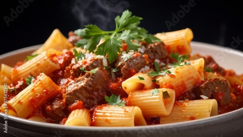 A plate of rigatoni pasta with meat sauce. 