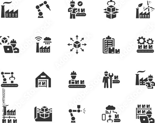 Vector set of factory flat icons. Contains icons mass production, automation, assembly line, manufacturing, robot manipulator, quality control, technician, distribution and more. Pixel perfect.