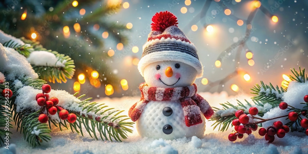 Adorable snowman with carrot nose, coal eyes, and festive red scarf standing amidst snow-covered evergreen branches, surrounded by twinkling lights and holly leaves. Adorable snowman with carrot nose, coal eyes, and festive red scarf standing amidst snow-covered evergreen branches, surrounded by twinkling lights and holly leaves.