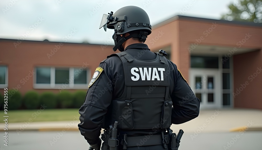 A swat team officer standing in front of a school A swat team officer standing in front of a school