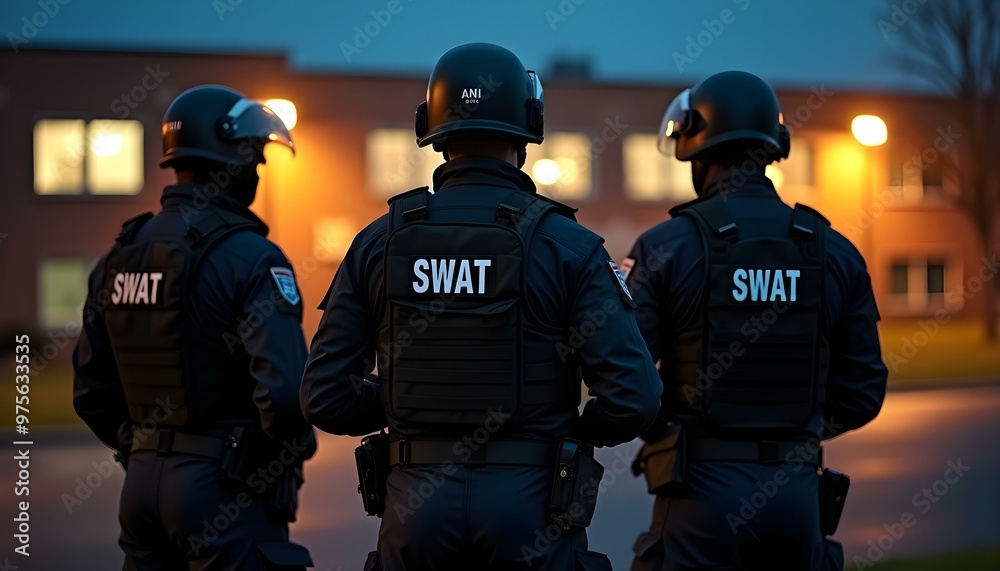 Swat team officers standing in front of a school at night Swat team officers standing in front of a school at night