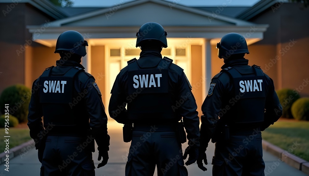 Swat team officers standing in front of a school at night Swat team officers standing in front of a school at night