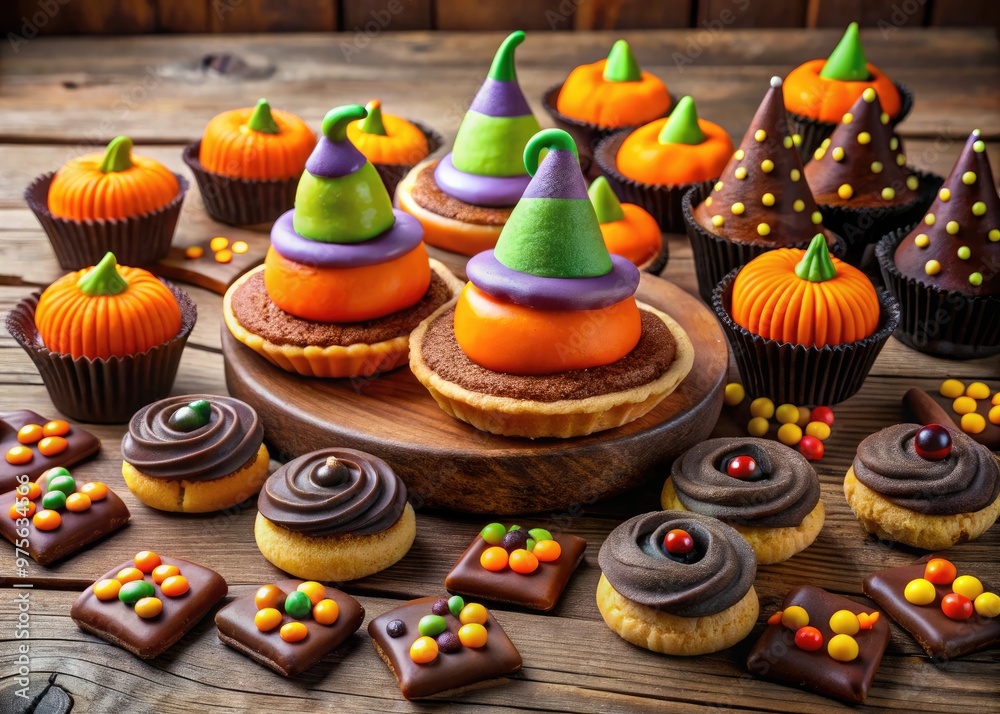 Obraz premium Assortment of spooky yet sweet Halloween treats, including witches' hat cookies, monster eyes cupcakes, and candy corn fudge, arranged on a rustic wooden table.
