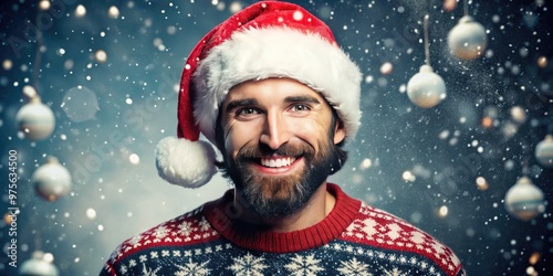 Attractive bearded gentleman wearing festive holiday sweater and Santa hat, posing with charming smile and sparkling eyes, surrounded by snowflakes and twinkling lights. photo