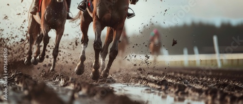 Dynamic close-up of galloping horses on a muddy racetrack, capturing the energy and determination in a thrilling race under overcast skies.