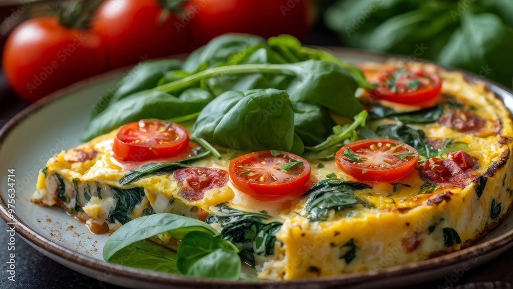 A plate with frittata, spinach and tomatoes.