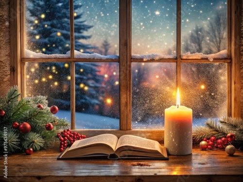 Candlelit window with gentle snowfall background, featuring an open Bible withChristmas-themed pages, symbolizing faith, hope, and joy during the holiday season. photo