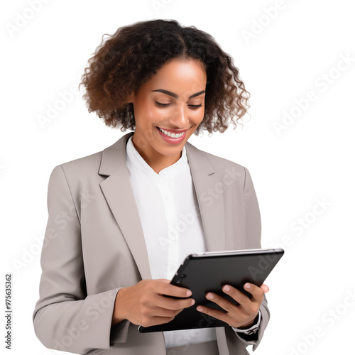 Wallpaper Mural Smiling Businesswoman In A Beige Suit Using A Tablet On A Transparent Background Torontodigital.ca