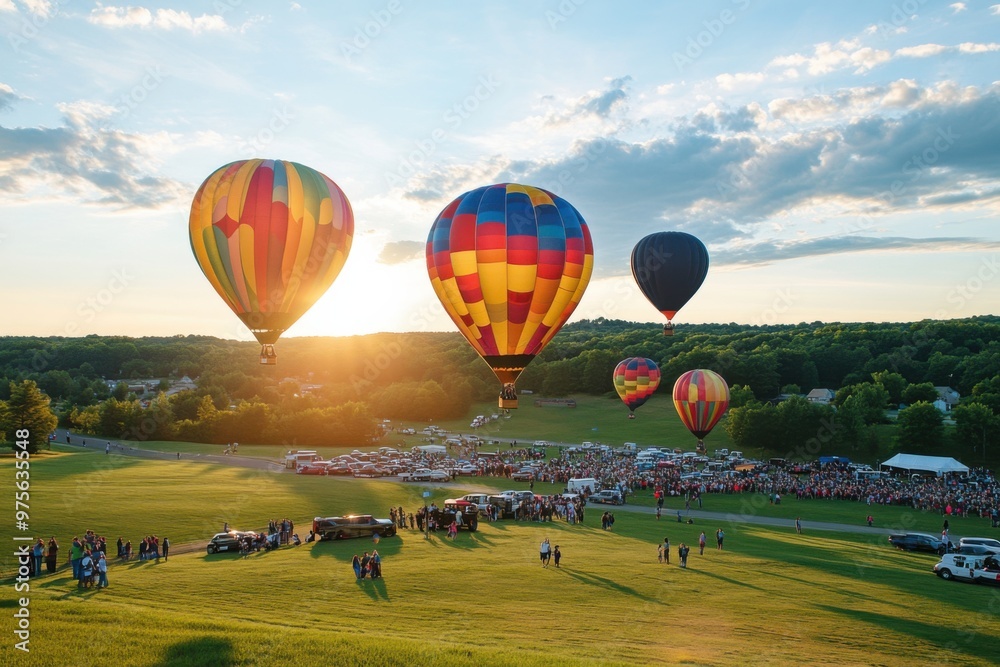 Naklejka premium A hot air balloon festival, with dozens of multicolored balloons filling the sky above a green field, surrounded by excited spectators and festive atmosphere 