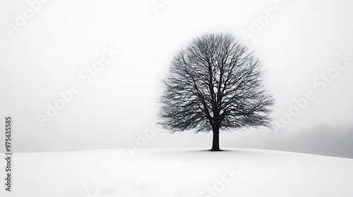 Snowy winter landscape with bare trees and frosted branches under a misty blue sky